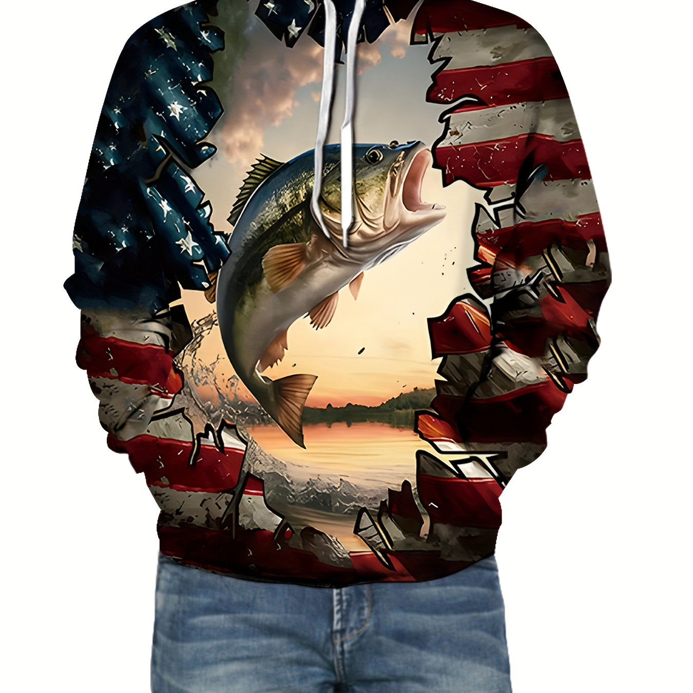 

Men's 3d Fish & Wildlife Print Hoodie - Casual Pullover With Kangaroo Pocket, Polyester , Machine Washable - Fall/winter