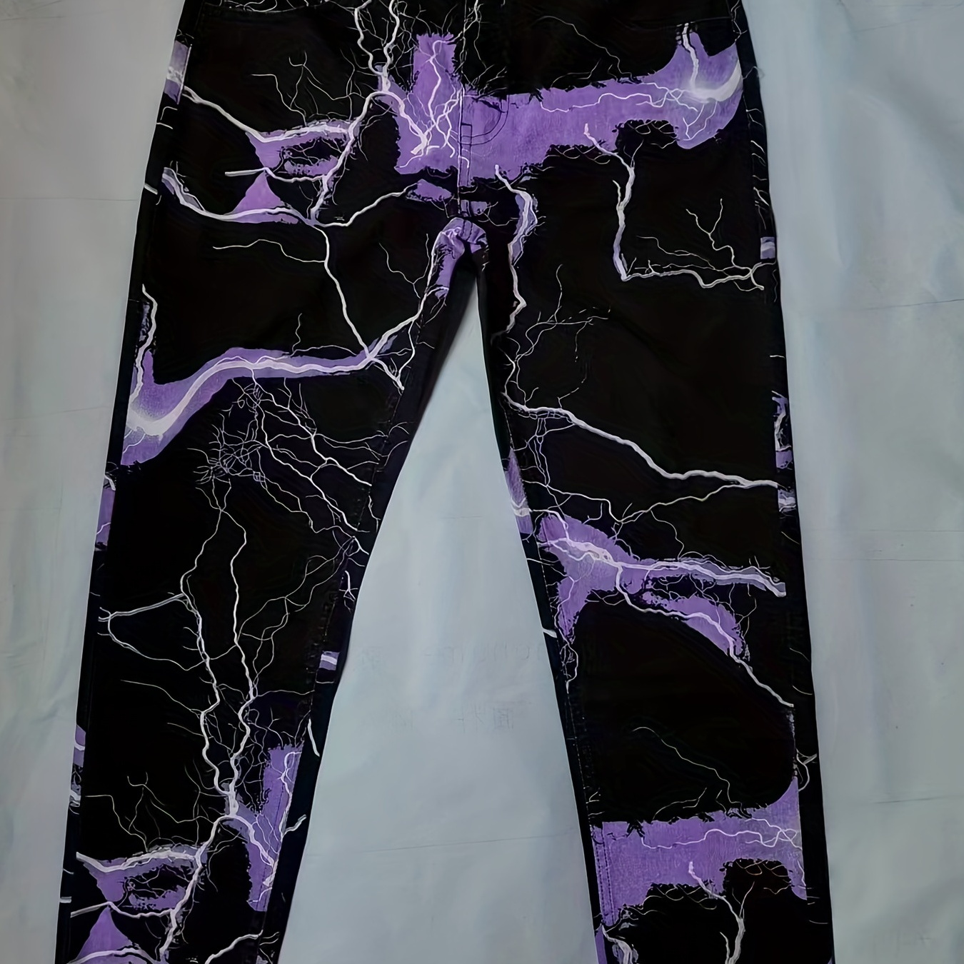 men's trendy lightning print jeans, straight denim jeans with