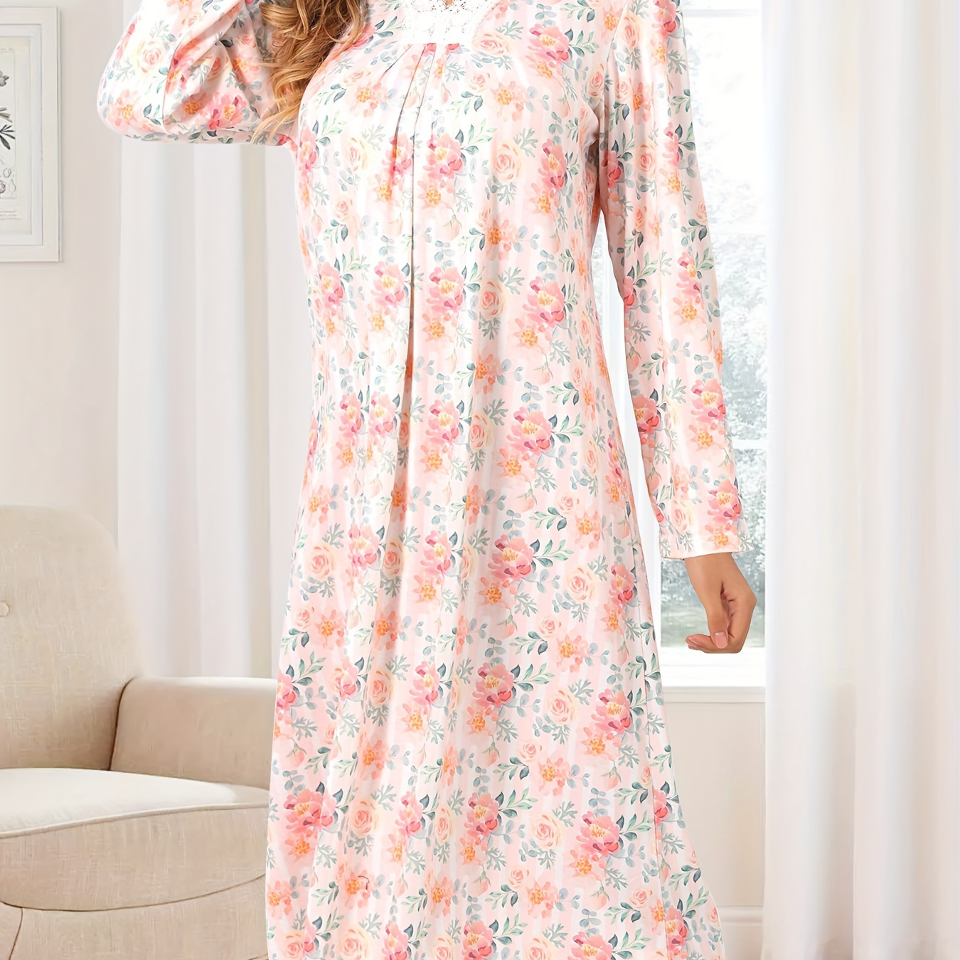 

Women's Ditsy Floral Print Elegant Lace Trim Sleepwear Dress, Long Sleeve V Neck Midi Dress, Comfortable Nightgown