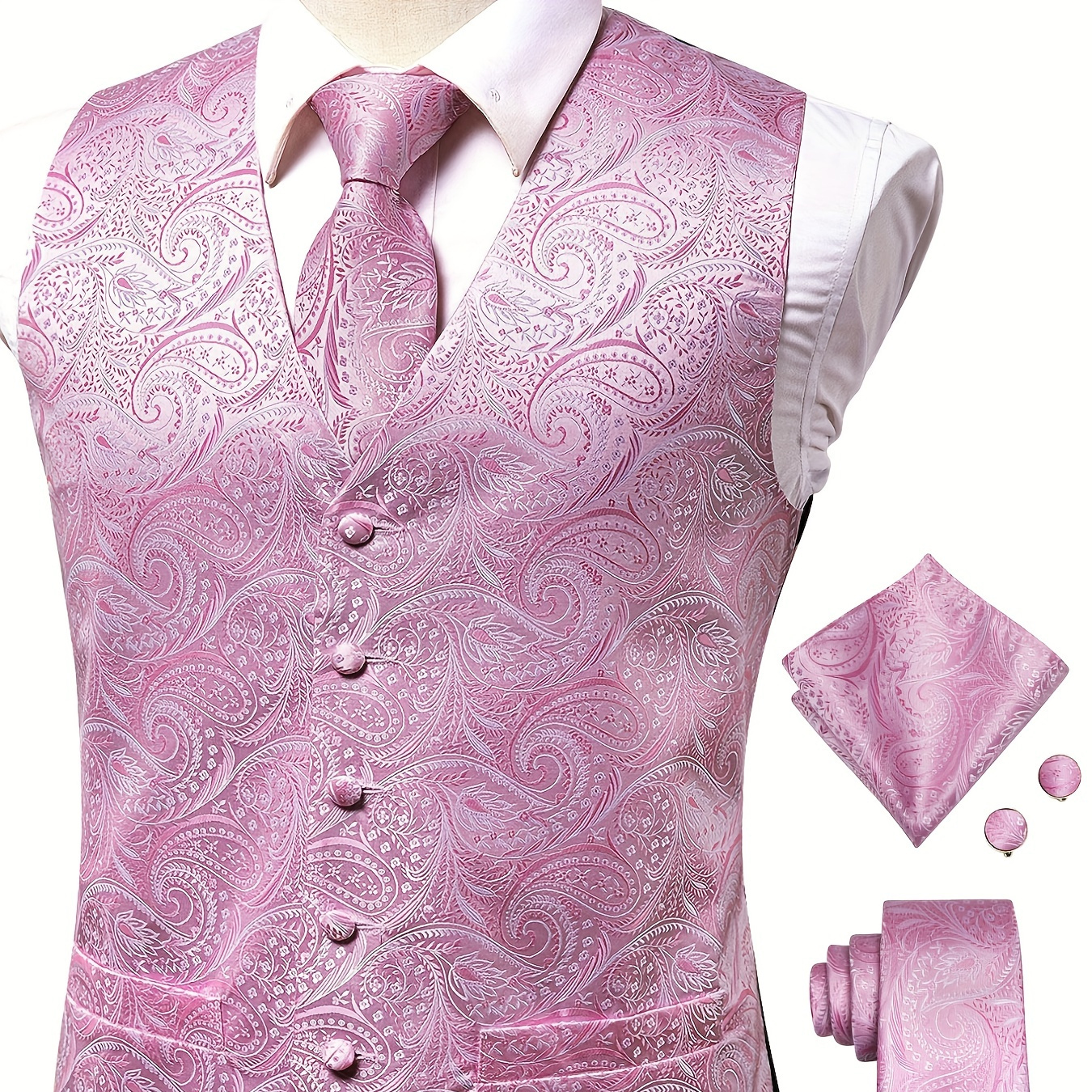 Plus Size Men's V-Neck Jacquard Suit Vest Fashion Formal Slim Fit Business Dress Vest Waistcoat With Cufflinks Necktie Hanky In Pink