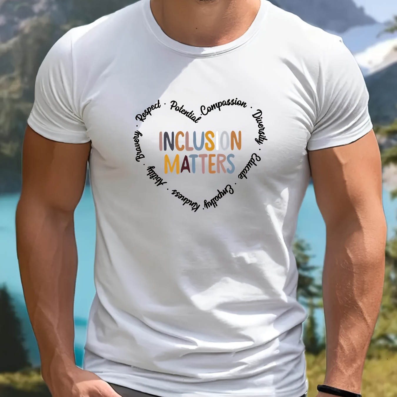 

Inclusion Matters Print T-shirt, Casual Slightly Stretch Crew Neck Short Sleeve Tee, Men's Clothing For Summer