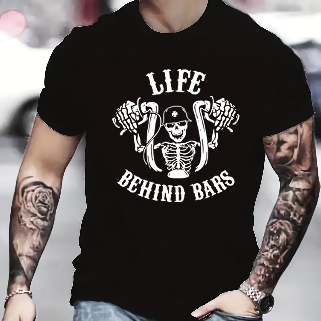 

life Behind Bars" Pattern Print Men's Comfy Chic T-shirt, Graphic Tee Men's Summer Outdoor Clothes, Men's Clothing, Tops For Men, Gift For Men