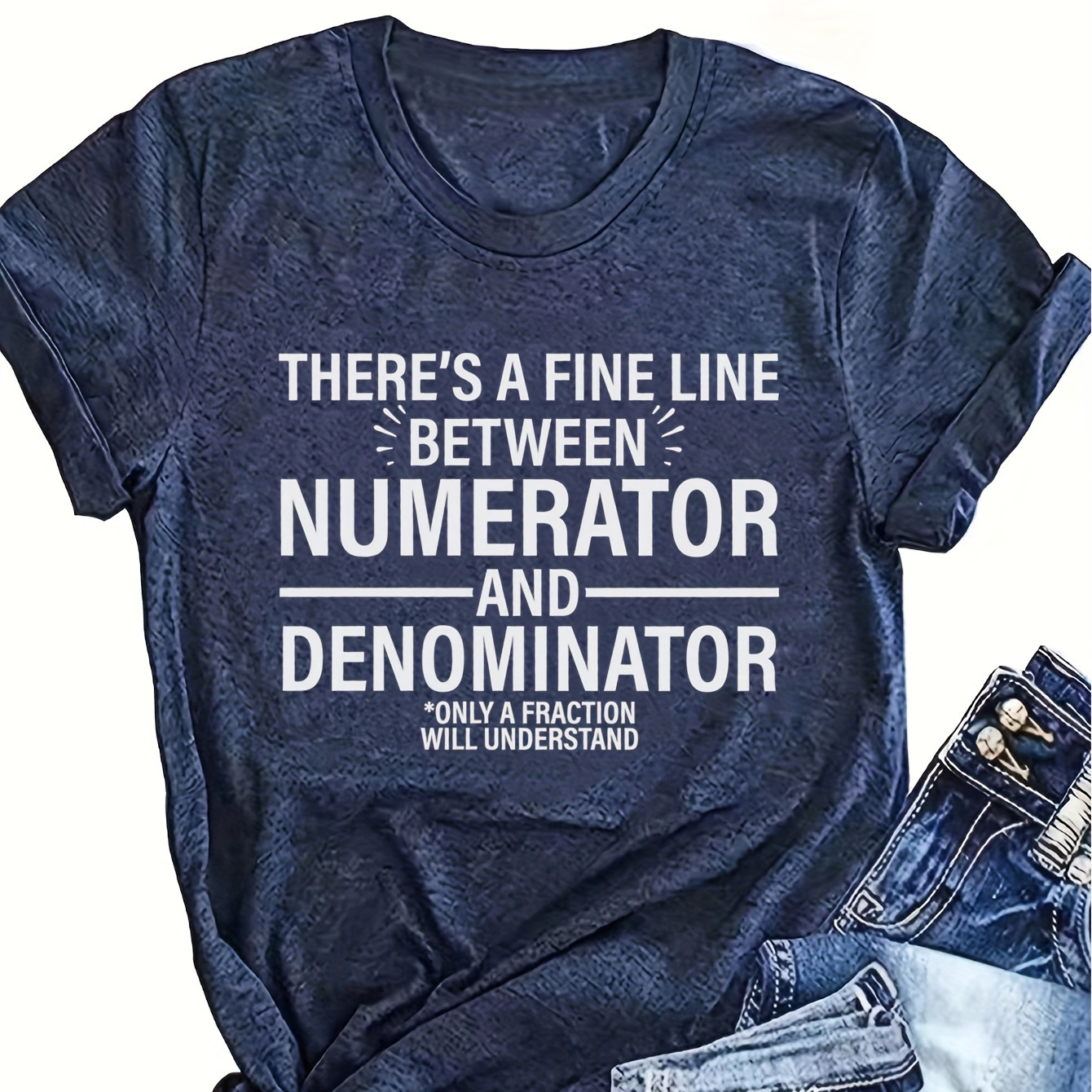 

Numerator And Denominator Print T-shirt, Casual Crew Neck Short Sleeve Top For Spring & Summer, Women's Clothing