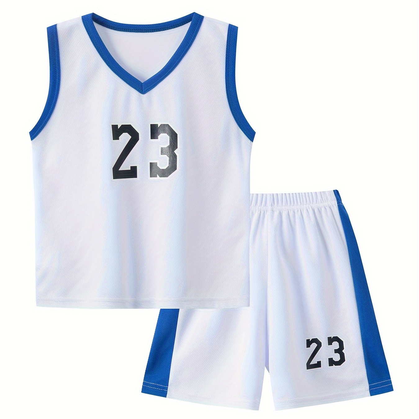 TEMU 2pcs Boys Breathable Sports #23 White Basketball Jersey Set, Casual V-neck Sleeveless Vest&shorts, Quick-drying Tank Tops And Shorts For Training Competition