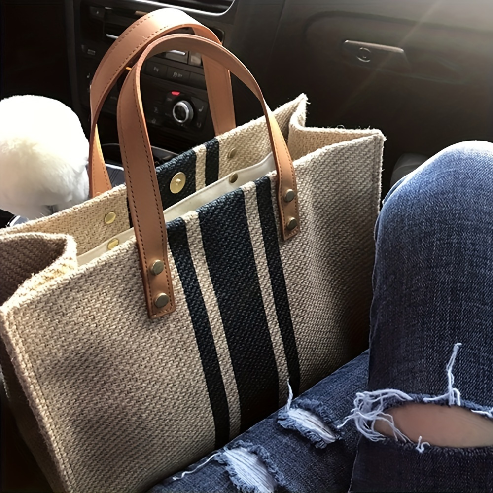 

Striped Canvas Tote Bag, Large Capacity Shoulder Bag, Women's Commuter Handbags