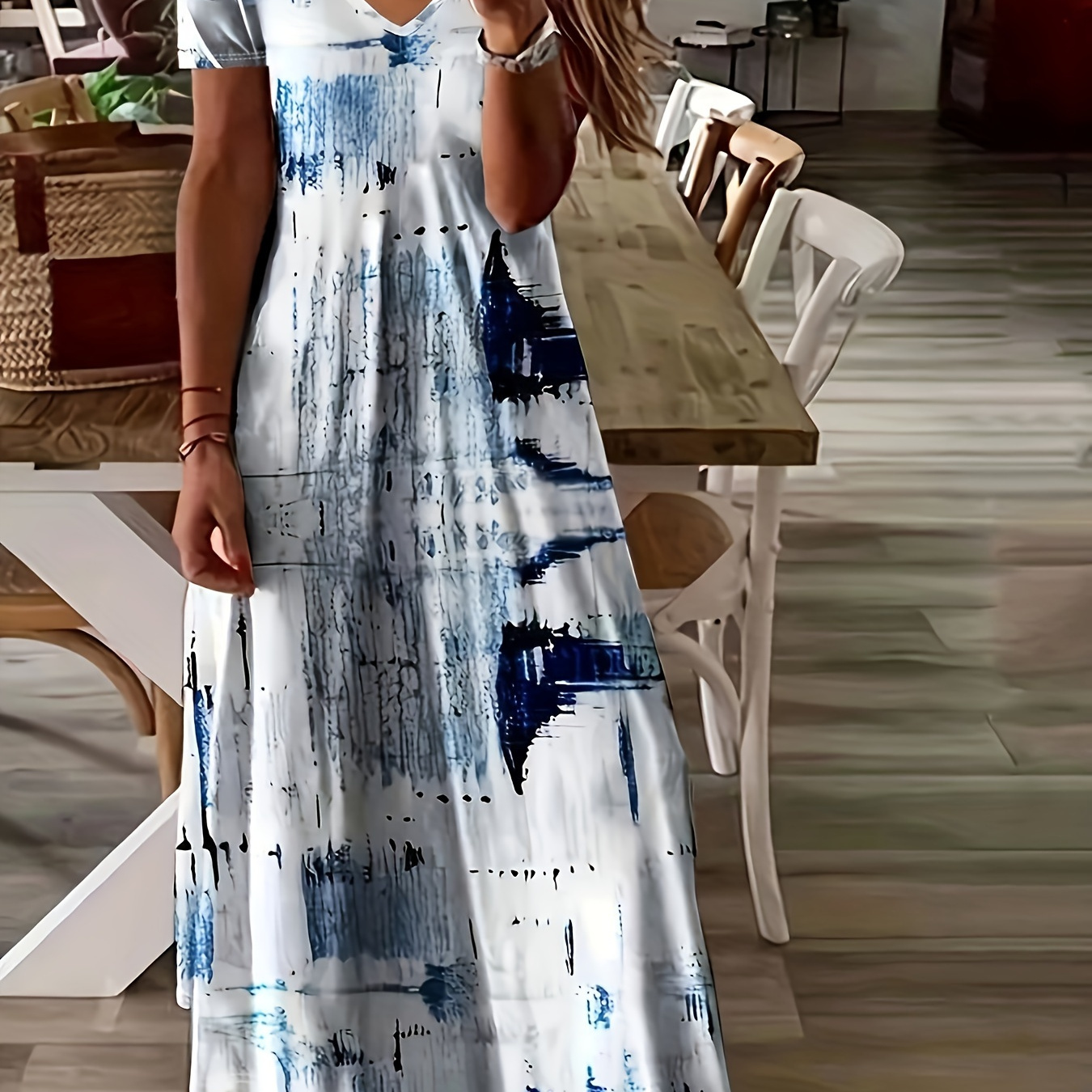 

Plus Size Abstract Print V Neck Dress, Casual Short Sleeve Dress For Spring & Summer, Women's Plus Size Clothing