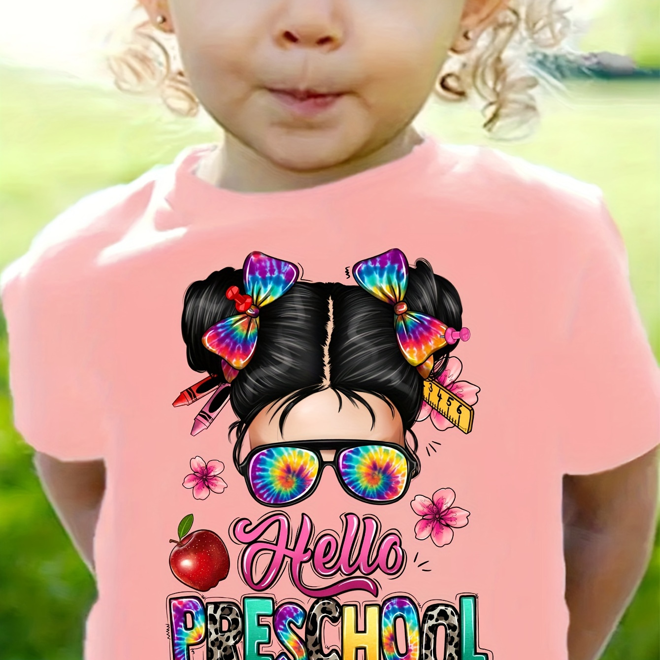 

Hello & Cool Anime Girl With Sunglasses & Graphic Print Tee, Girls' Stylish & Comfy Crew Neck Short Sleeve T-shirt For Spring & Summer, Girls' Clothes For Everyday Life
