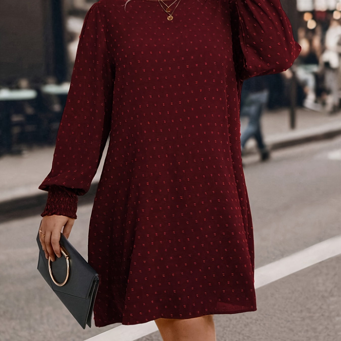 

Plus Size Polka Dot Solid Crew Neck Dress, Elegant Long Sleeve Loose Shift Dress For Spring & Fall, Women's Plus Size Clothing