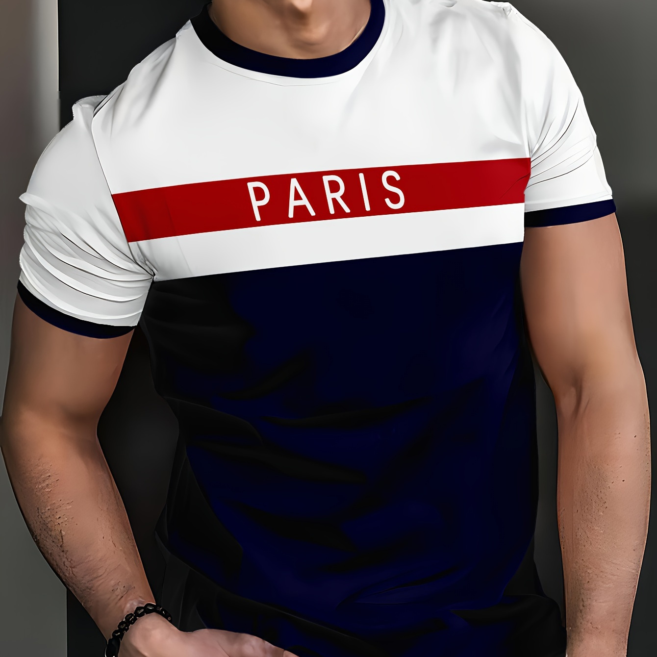 

1pc Men's Casual Crew Neck T-shirt With "paris" Print, Short Sleeve, Solid Color, Knitted Polyester Fabric,