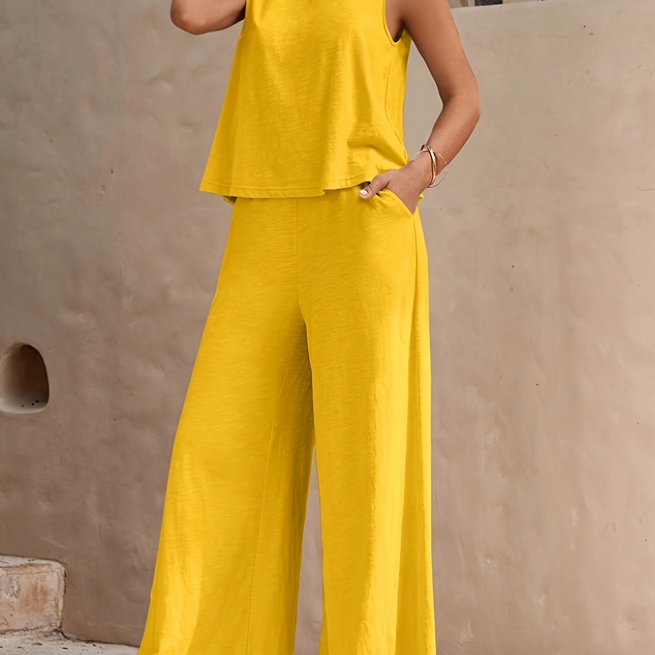 

Solid Elegant Two-piece Set, Tank Top & Wide Leg Pants With Pockets Outfits, Women's Clothing