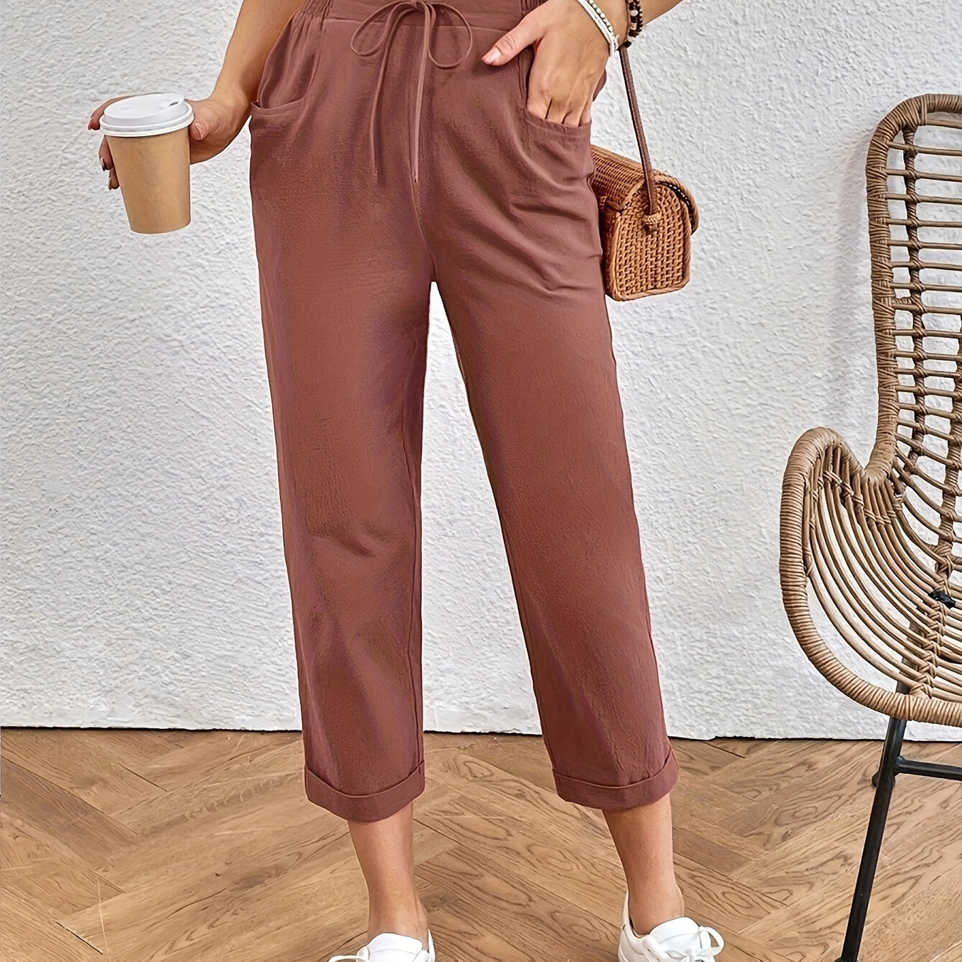 

Slant Pocket Tapered Crop Pants, Casual Drawstring Waist Solid Color Pants For Spring & Summer, Women's Clothing