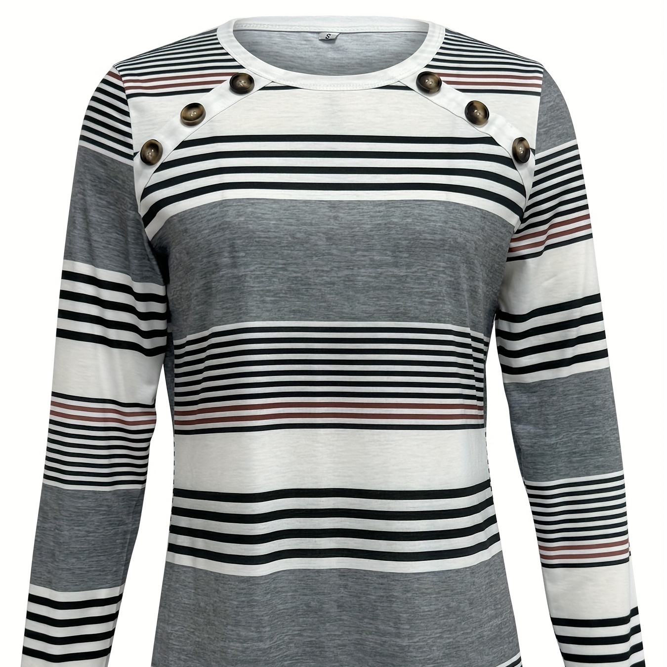 

Elegant Women's Striped Long Sleeve T-shirt With Chic Button Detail - Crew Neck, Fit, Machine Washable -