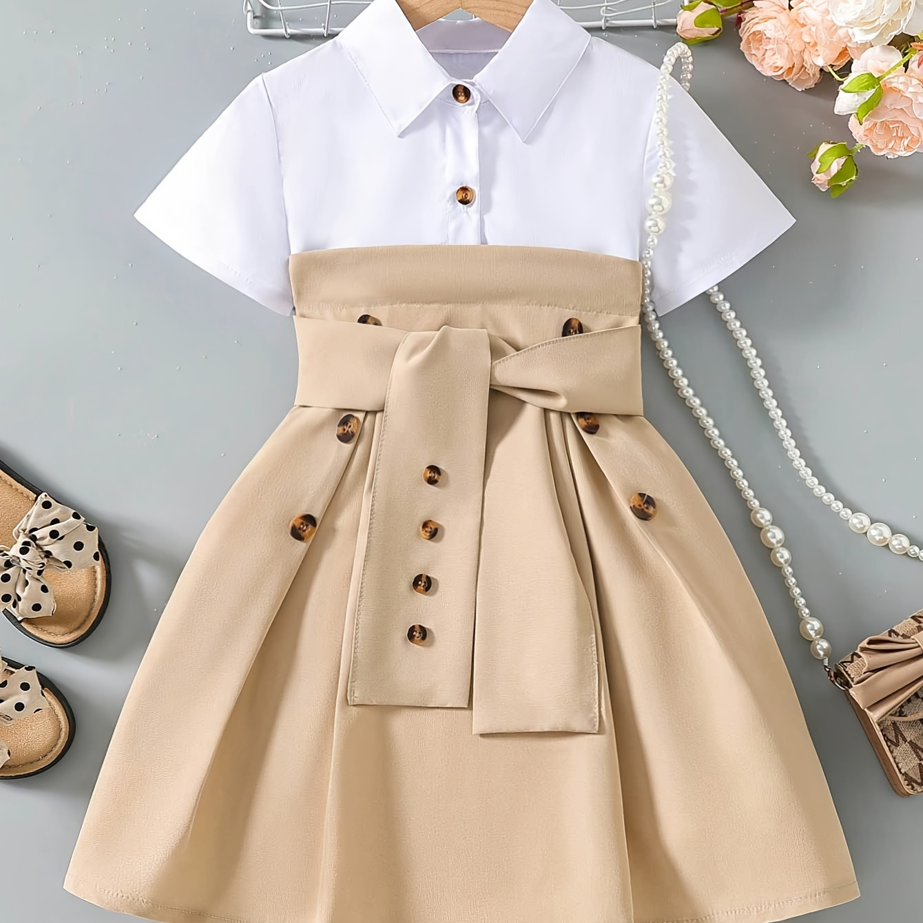 

Girls Elegant Patchwork Short Sleeve Shirt Dress, Casual Dresses For Holiday/ Summer Going Out
