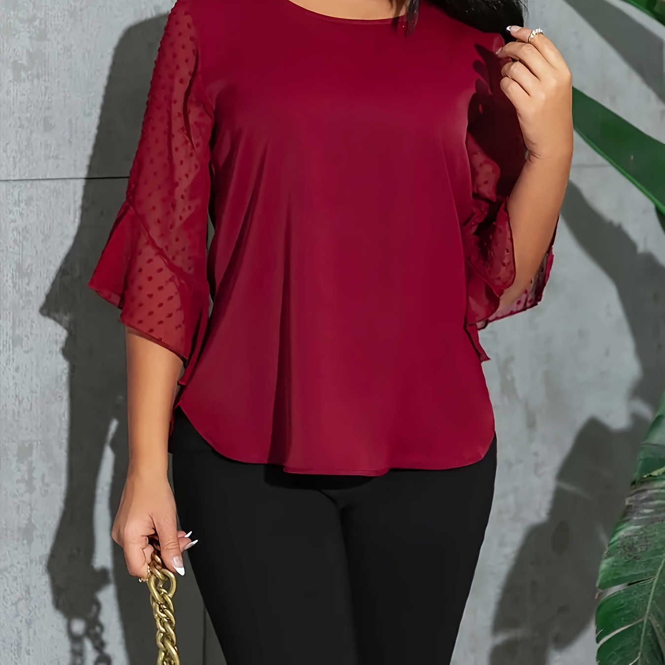 

Mesh Splicing Crew Neck Blouse, Elegant 3/4 Sleeve Top For , Women's Clothing, Round Neck, Shirt