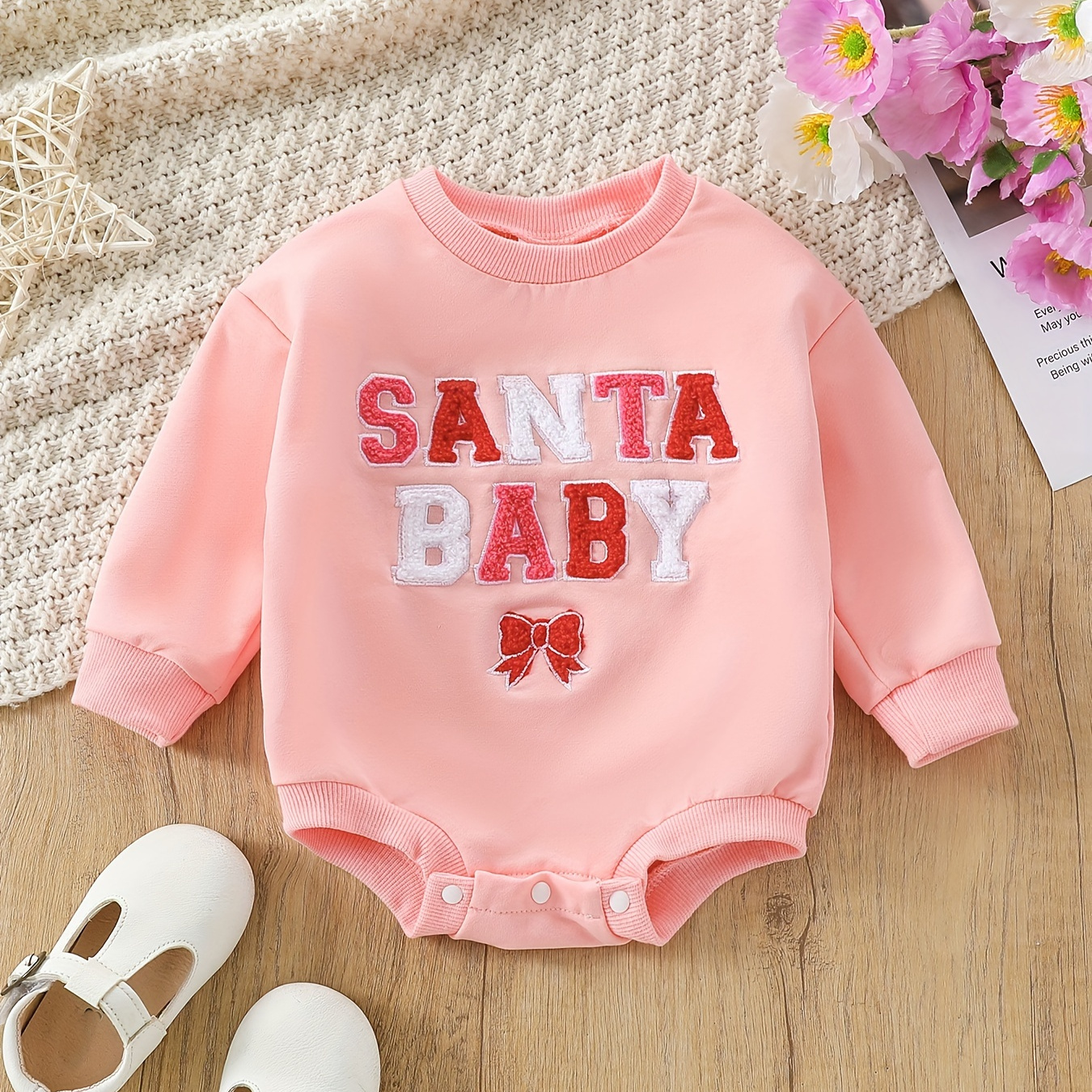 

Baby's Santa Baby Bowknot Embroidery Cotton Long Sleeve Bodysuit, Toddler & Infant Girl's Onesie