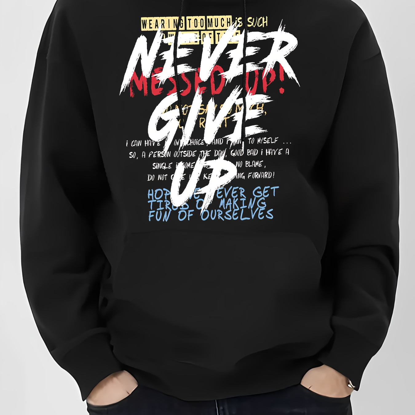 

Men's Inspirational "never Give Up" Letter Print Hoodie - Casual Polyester 100% Knit Fabric Hooded Sweatshirt With Slight Stretch For Fall/winter