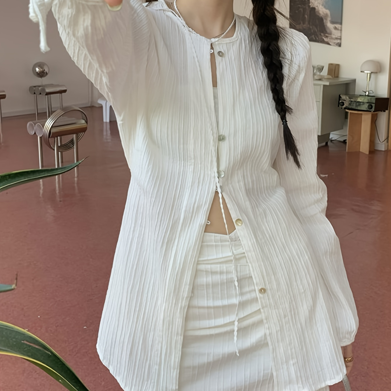 

Button Front Textured Blouse, Sweet & Cute Long Sleeve Lace Up Blouse For Spring & Fall, Women's Clothing