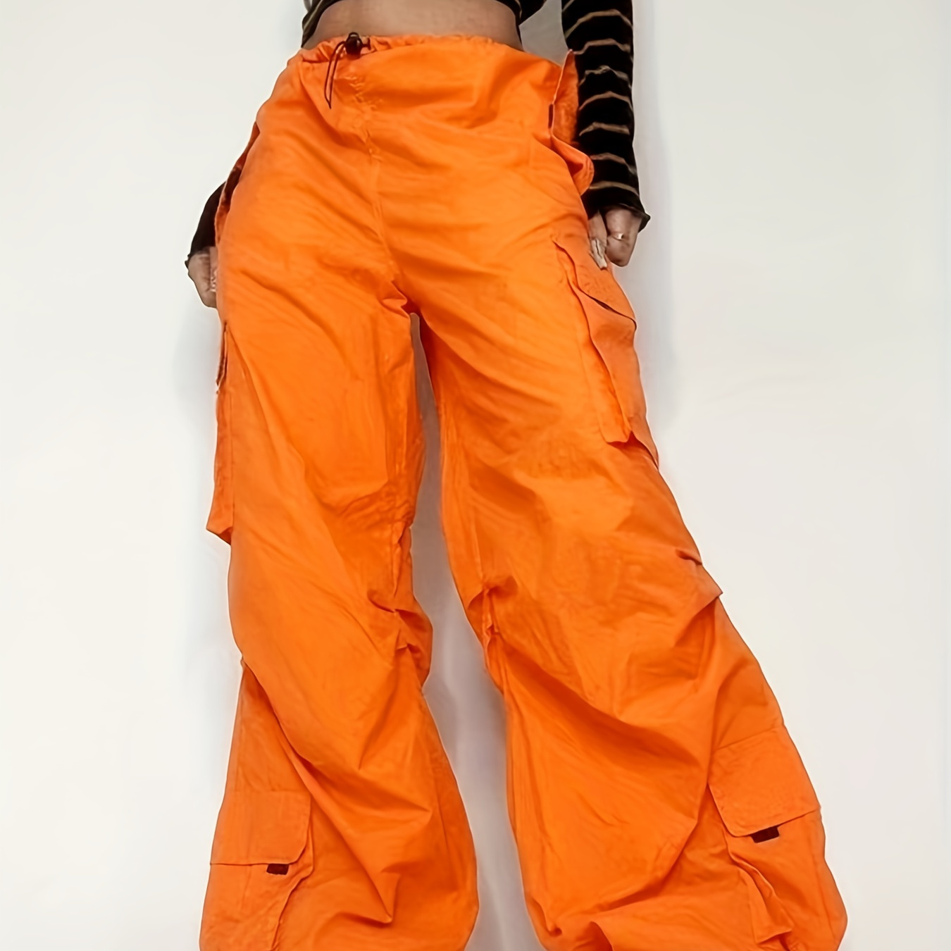 

Y2k Wide Leg Cargo Pants, Solid Drawstring Pants With Pockets, Women's Clothing