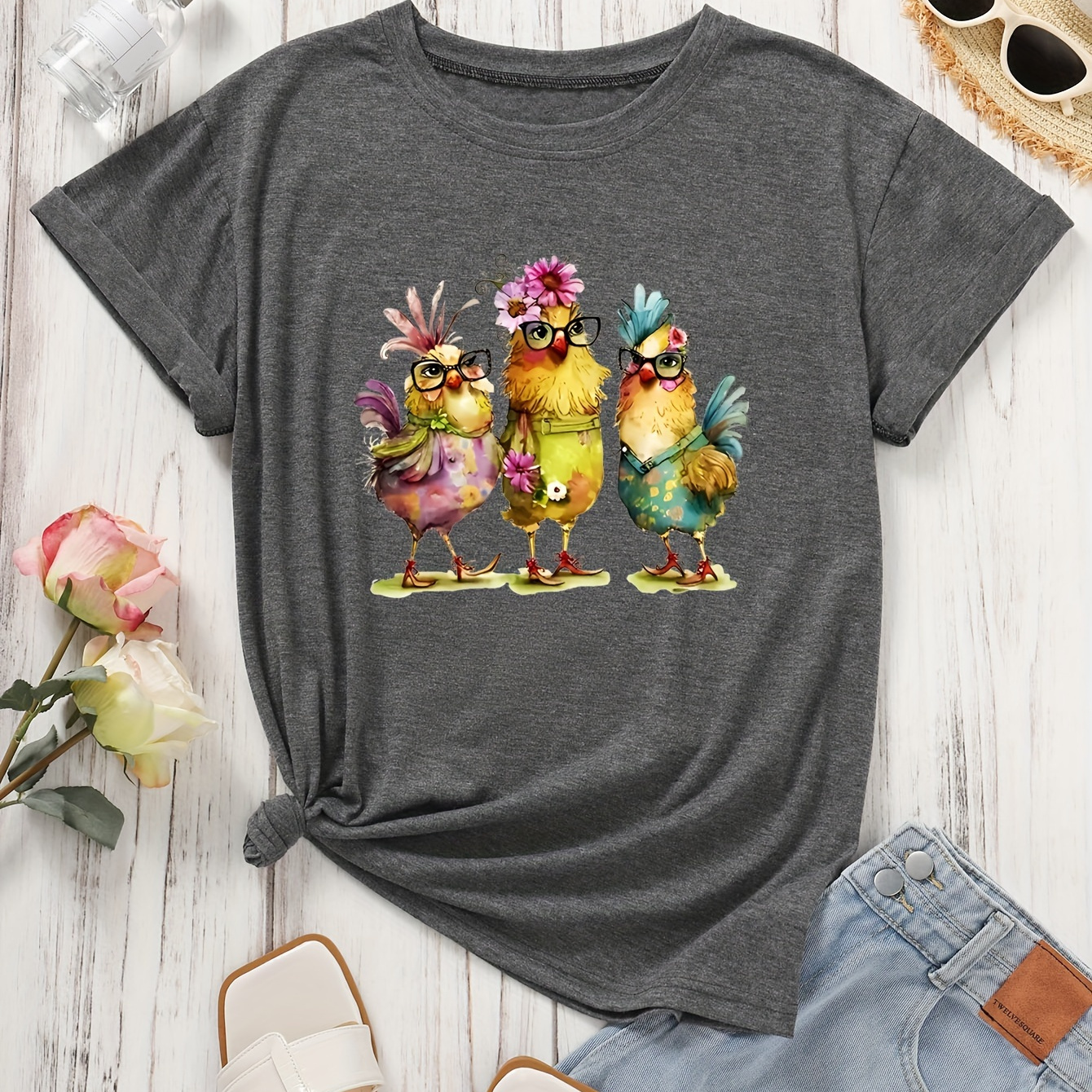 

Chicken Print T-shirt, Short Sleeve Crew Neck Casual Top For Summer & Spring, Women's Clothing