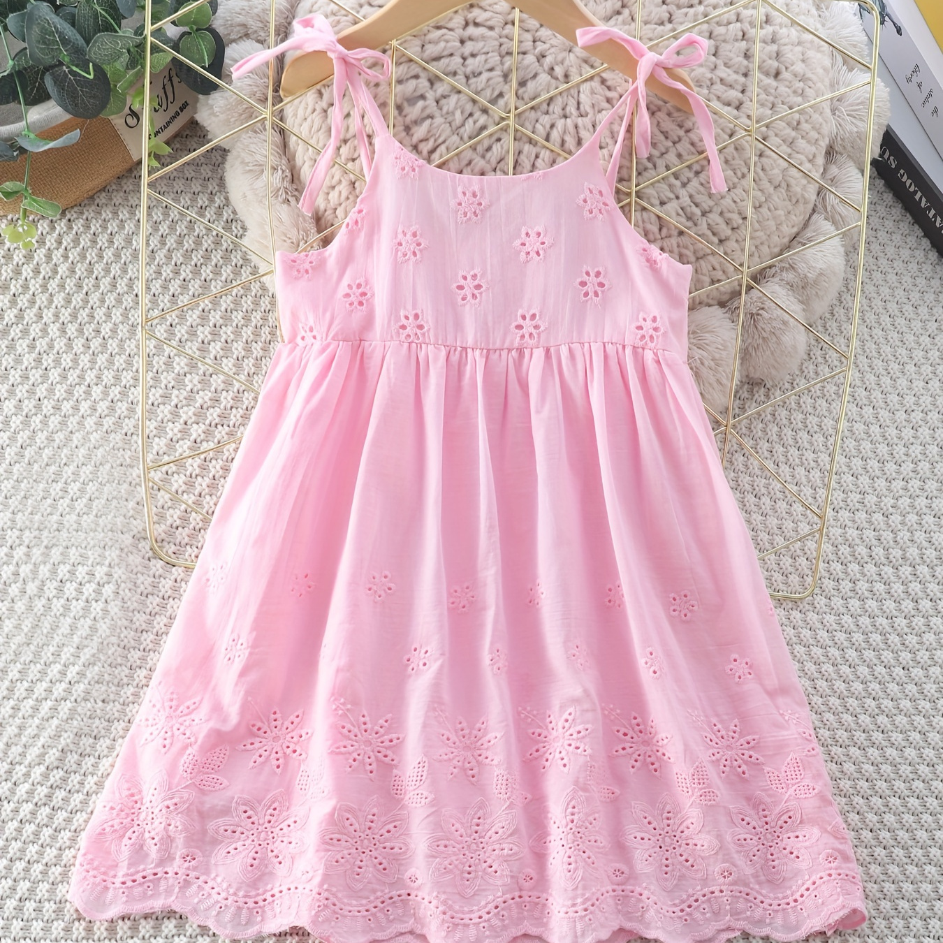 

100% Cotton Girls Sling Dress Hollow-out Embroidered Lace-up Straps Dress
