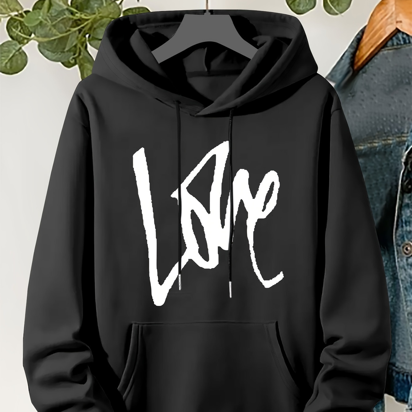 

Plus Size Love Print Drawstring Hoodie, Warm Fleece Lined Long Sleeve Sweatshirt For Fall & Winter, Women's Plus Size Clothing