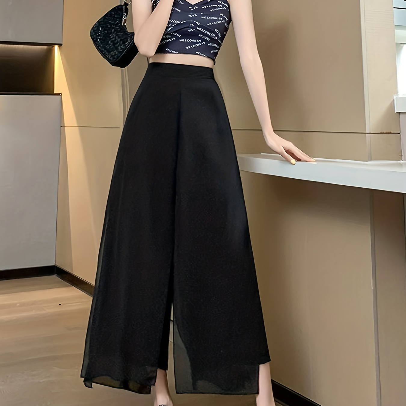 Side Slit Wide Leg Pants, Solid High Waist Casual Pants For Spring &  Summer, Women's Clothing