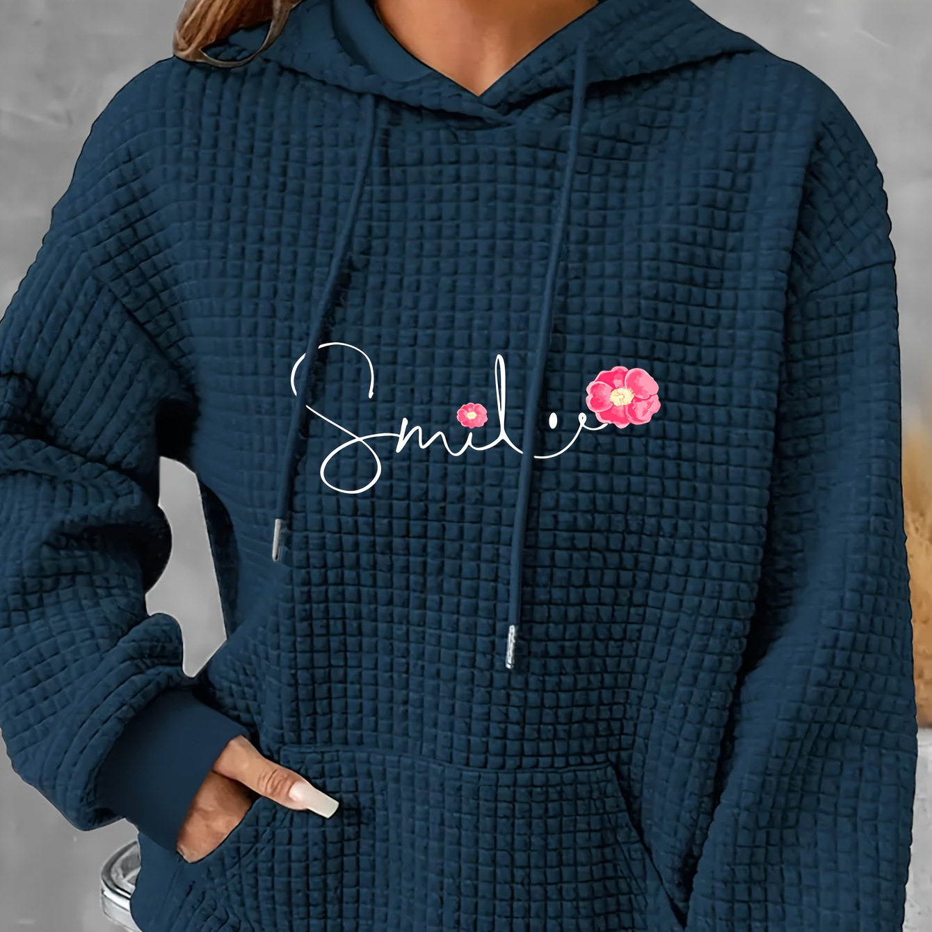 

Plus Size Waffle Knit Hoodie With Floral Applique And Smile Print - Casual Polyester Pullover With Stretch For Women - Fall/winter Hooded Sweatshirt With Drawstring