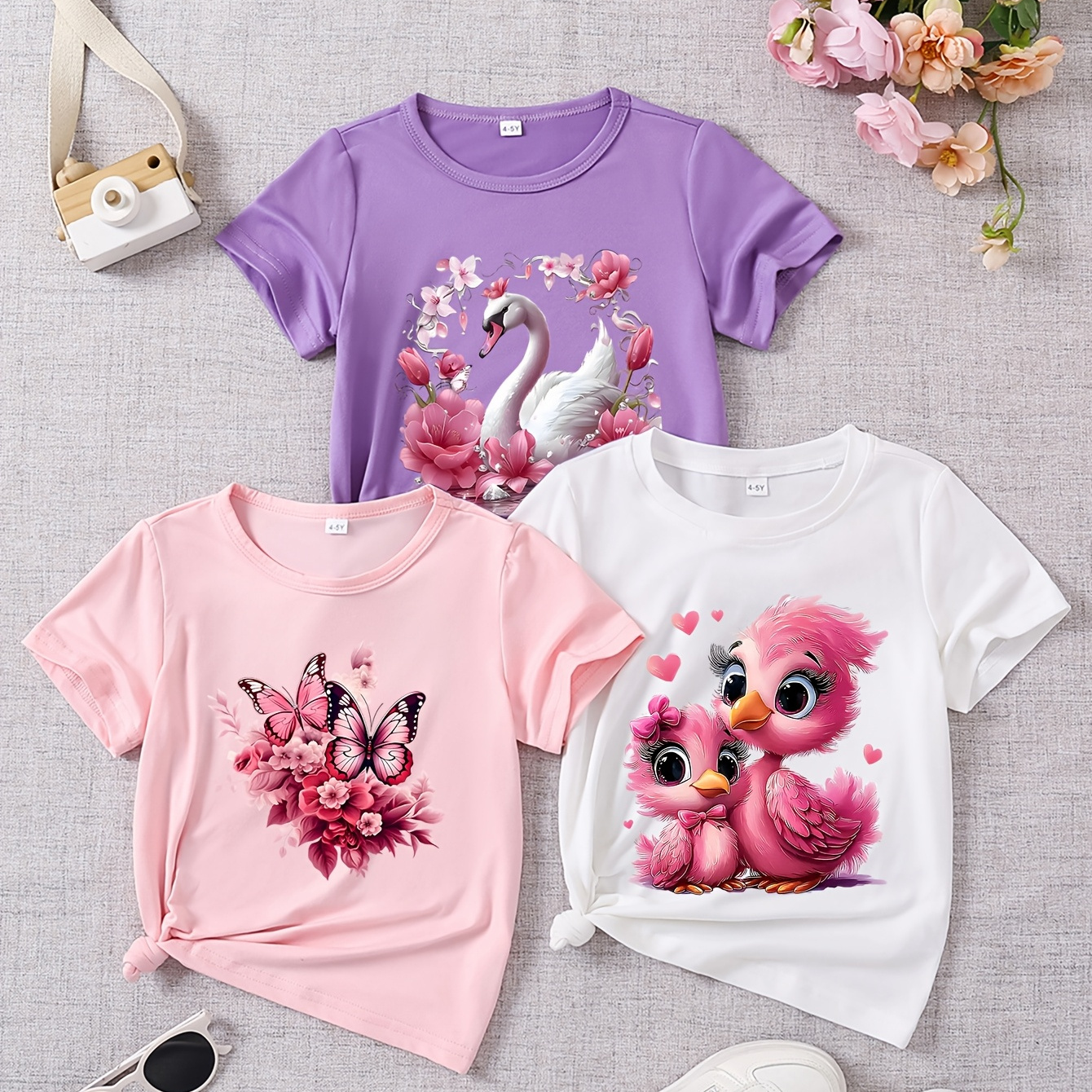 

3pcs Girls' Summer Short Sleeve T-shirts, - Flamingo, , Swan, Polyester , Casual Crew Neck, Knit Tops With Stretch, For And Under