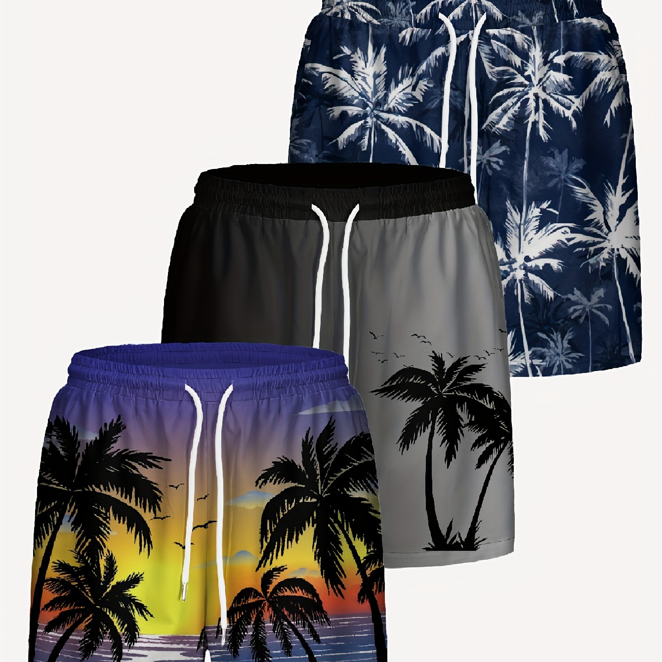 

3pcs Men's Trendy Hawaiian Shorts With Drawstring And Fancy Palm Tree Prints For , Pool And Vacation