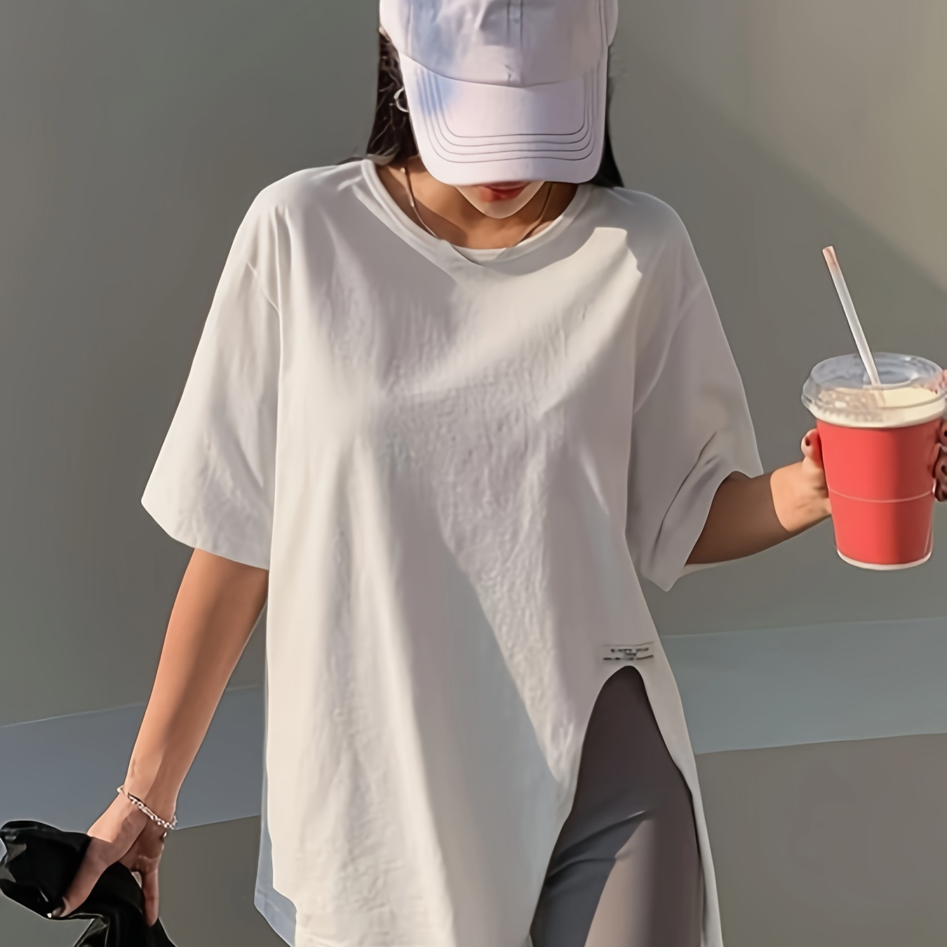 

Solid Split Crew Neck T-shirt, Casual Short Sleeve T-shirt For Spring & Summer, Women's Clothing