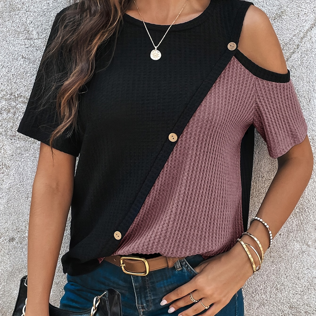 

Color Block Cold Shoulder Button T-shirt, Casual Crew Neck Short Sleeve Top For Spring & Summer, Women's Clothing