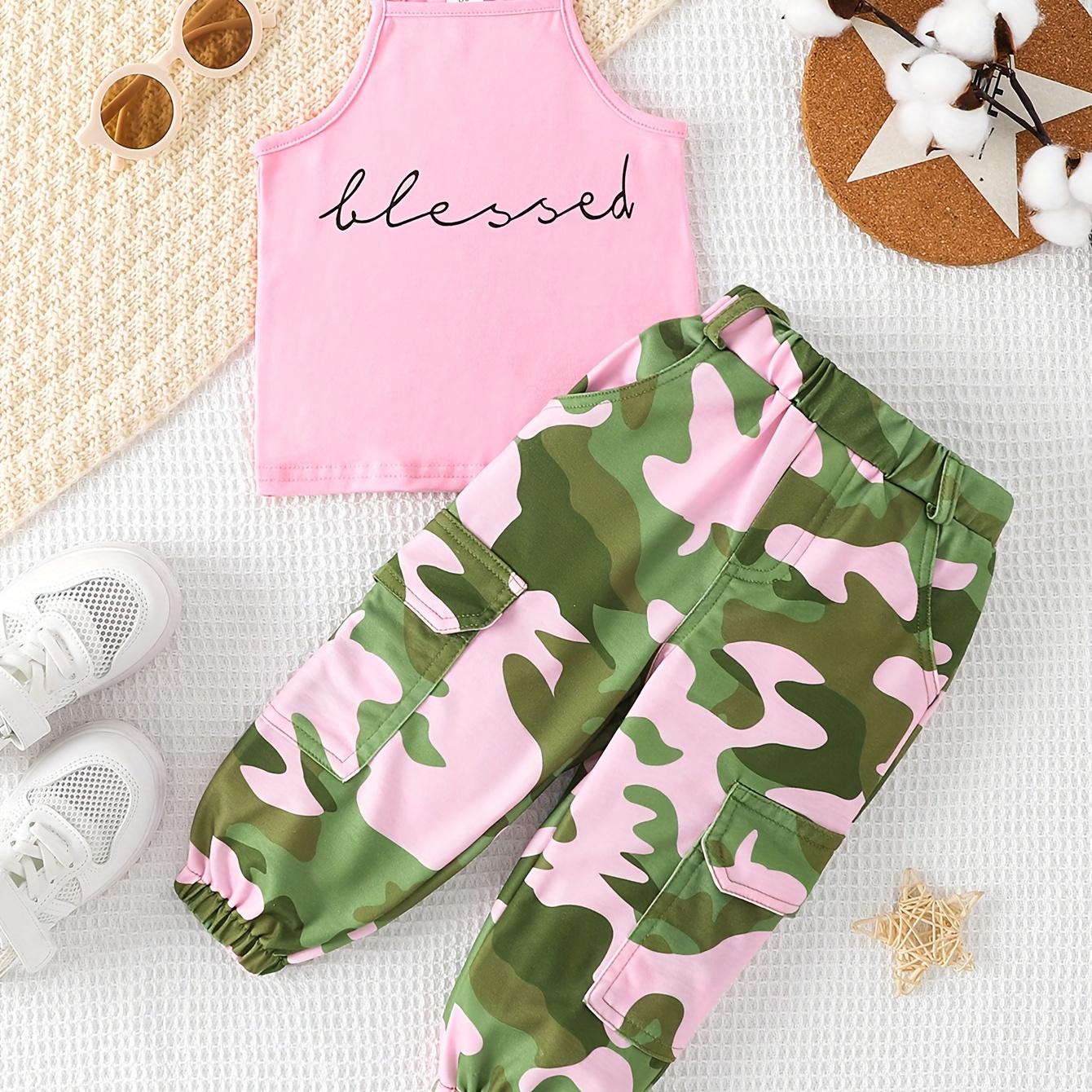 

Toddler Baby Girls Casual Stylish Outfit: "blessed" Graphic Crop Cami Top & Trendy Camouflage Pants Set