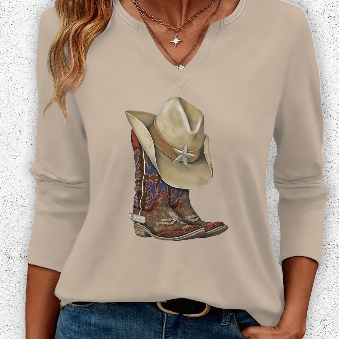 

Charm | Women's Casual V-neck T-shirt With Cowboy Boot And Hat Design, Soft Polyester , Long Sleeve, Gray, Spring/summer Outfits, Relaxed Fit Clothing | Cowboy Themed Apparel | Knit Texture