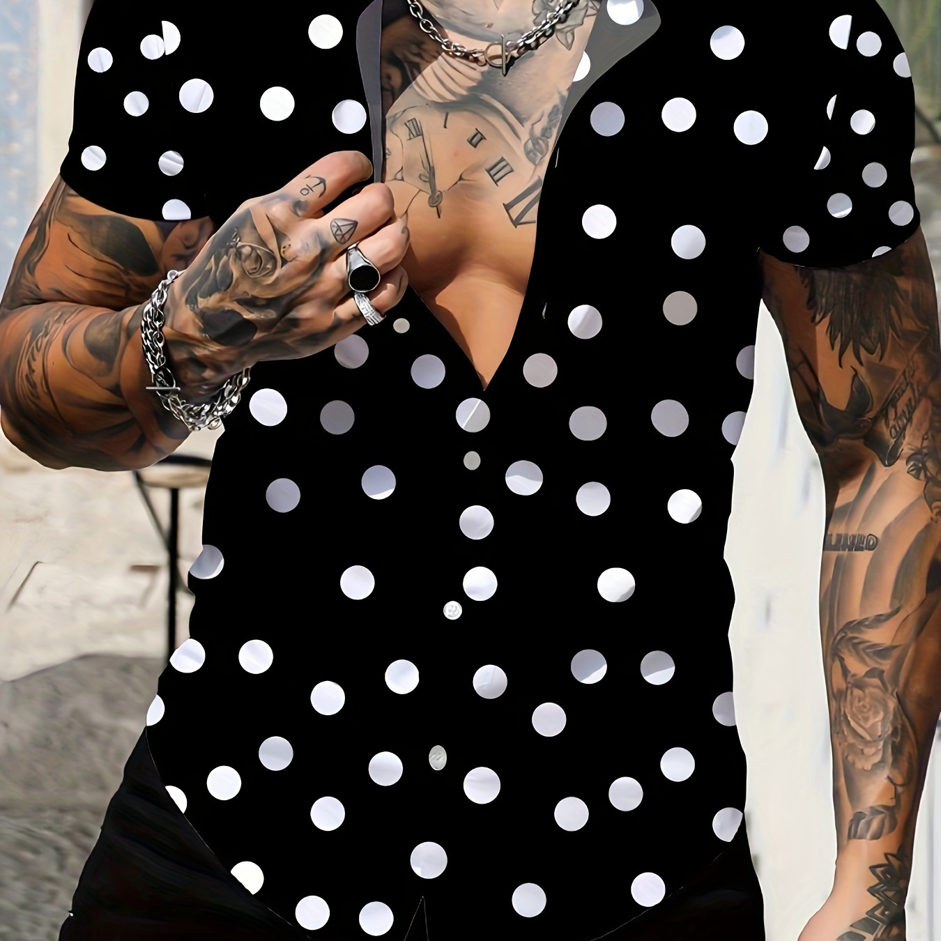 

Men' Polka Dot 3d Print Short Sleeve V-neck Button- Shirt – Stylish Summer Casual Top, Graphic Tee For Casual Attire, Novelty Pajama Shirt For Men