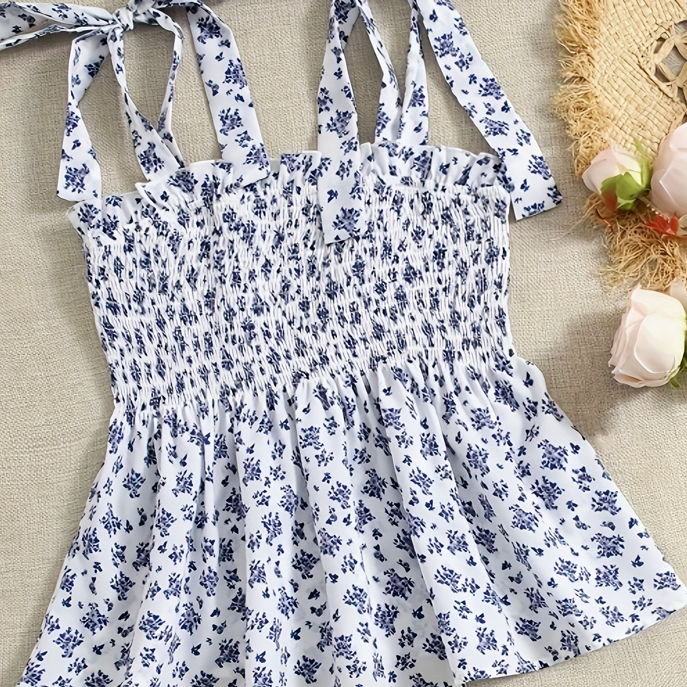 

Floral Print Shirred Bust Cami Top, Vacation Style Sleeveless Top For Spring & Summer, Women's Clothing