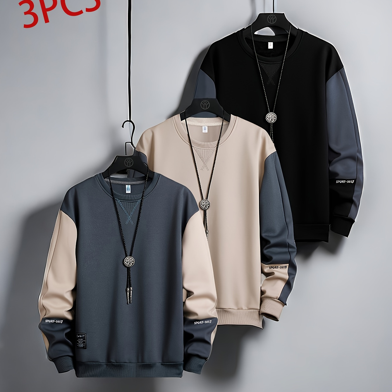 

3pcs Sweatshirts Décontractés Hommes à Col Rond - de , Longues, Tissu Extensible, Lavable en , Hauts Pulls le &