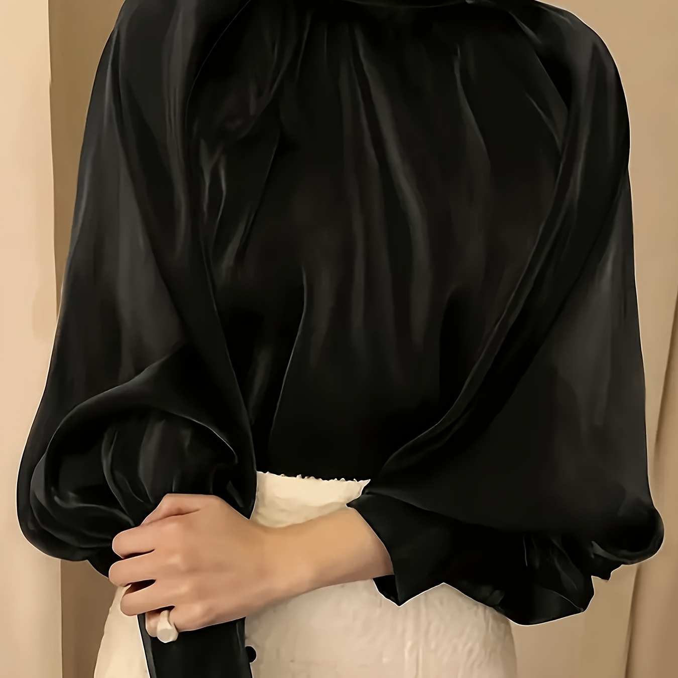 

Elegant Blouse With High Collar And Sleeves, Loose Long Sleeve Top, Polyester, Machine Washable