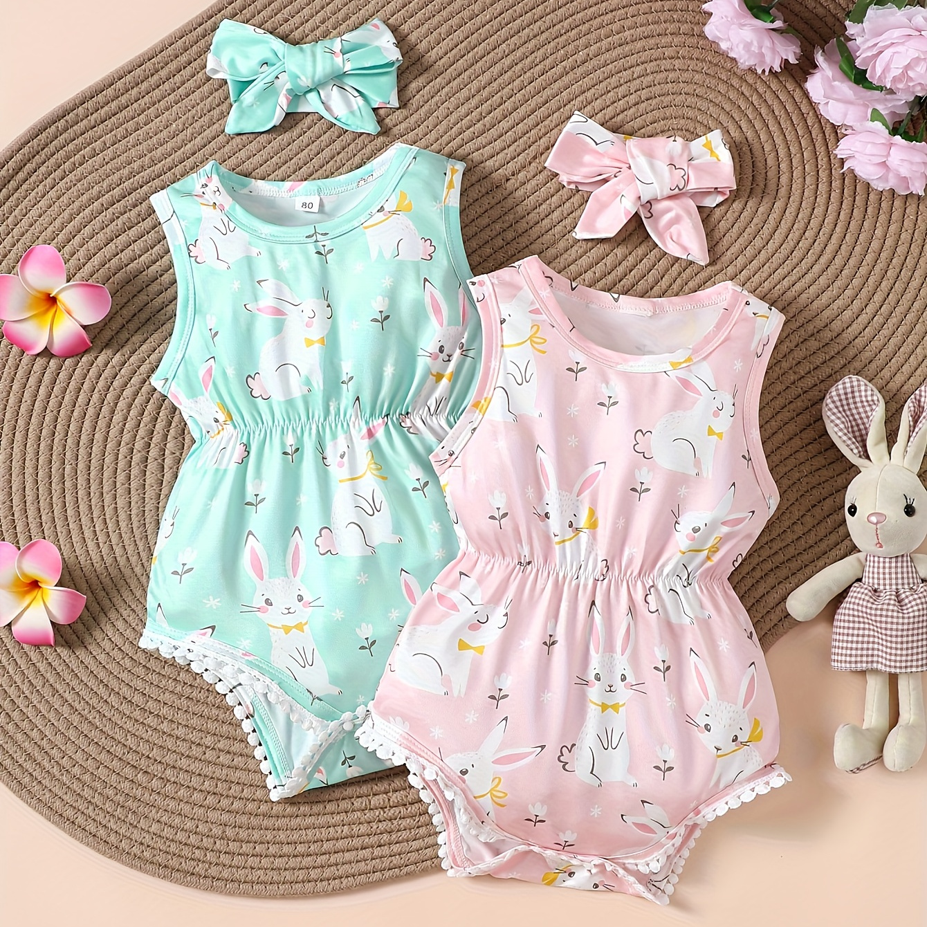 

2 Sets Baby's Cartoon Bunny Pattern Triangle Bodysuit, Pom-pom Trim Casual Sleeveless Romper, Toddler & Infant Girl's Onesie For Summer, As Gift