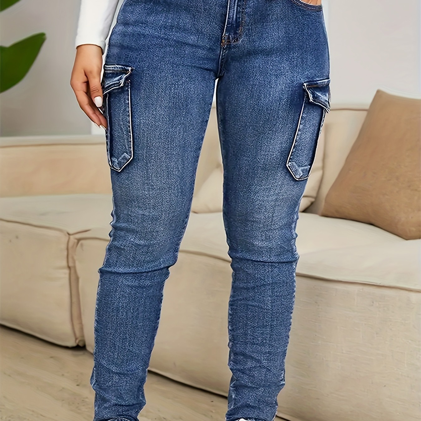 

Women's High Waisted Stretchy Denim Cargo Jeans, Deep Blue, Casual Style, Slim Fit With Side Pockets, Versatile Fashion For Daily Wear For Fall & Winter