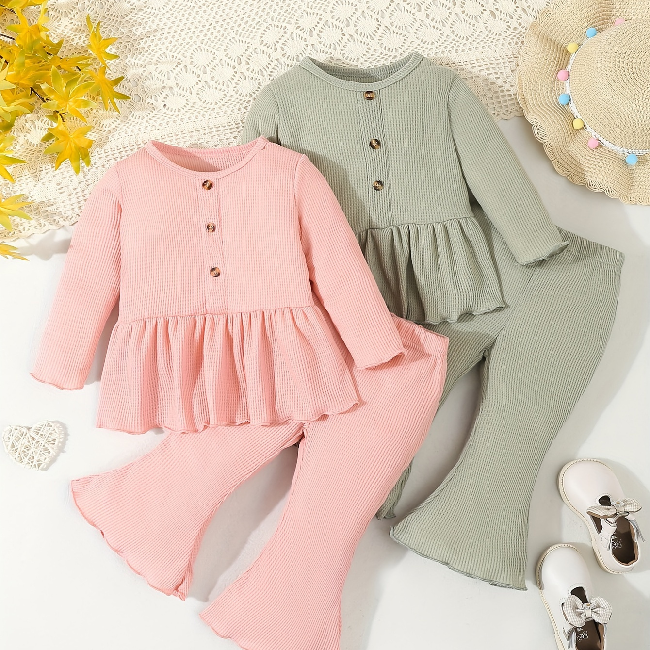 

2 's Long Peplum Top & Ribbed Pants, Toddler & Infant Girl's Clothing Set For Fall, Cloth