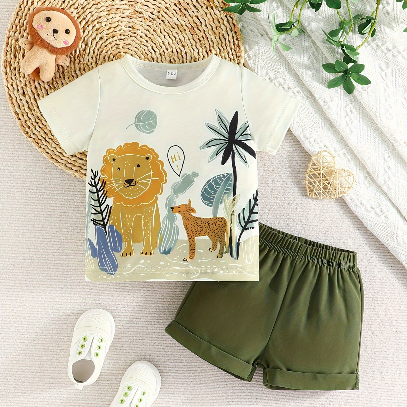 

2pcs Toddler's Jungle Animals Print Summer Set, T-shirt & Casual Shorts, Baby Boy's Clothes