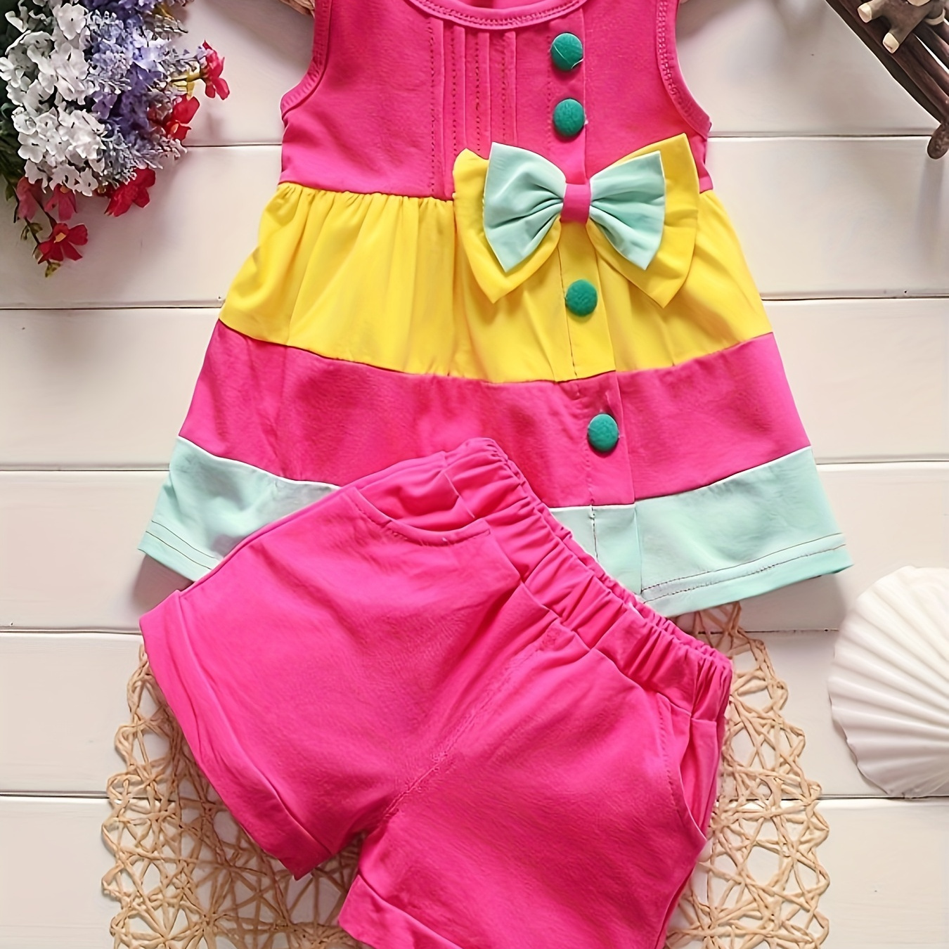 

Stylish Color Block Outfit - Cute Bow Puffy Hem Vest & Pocket Shorts Two-piece Set Toddler Baby Clothes