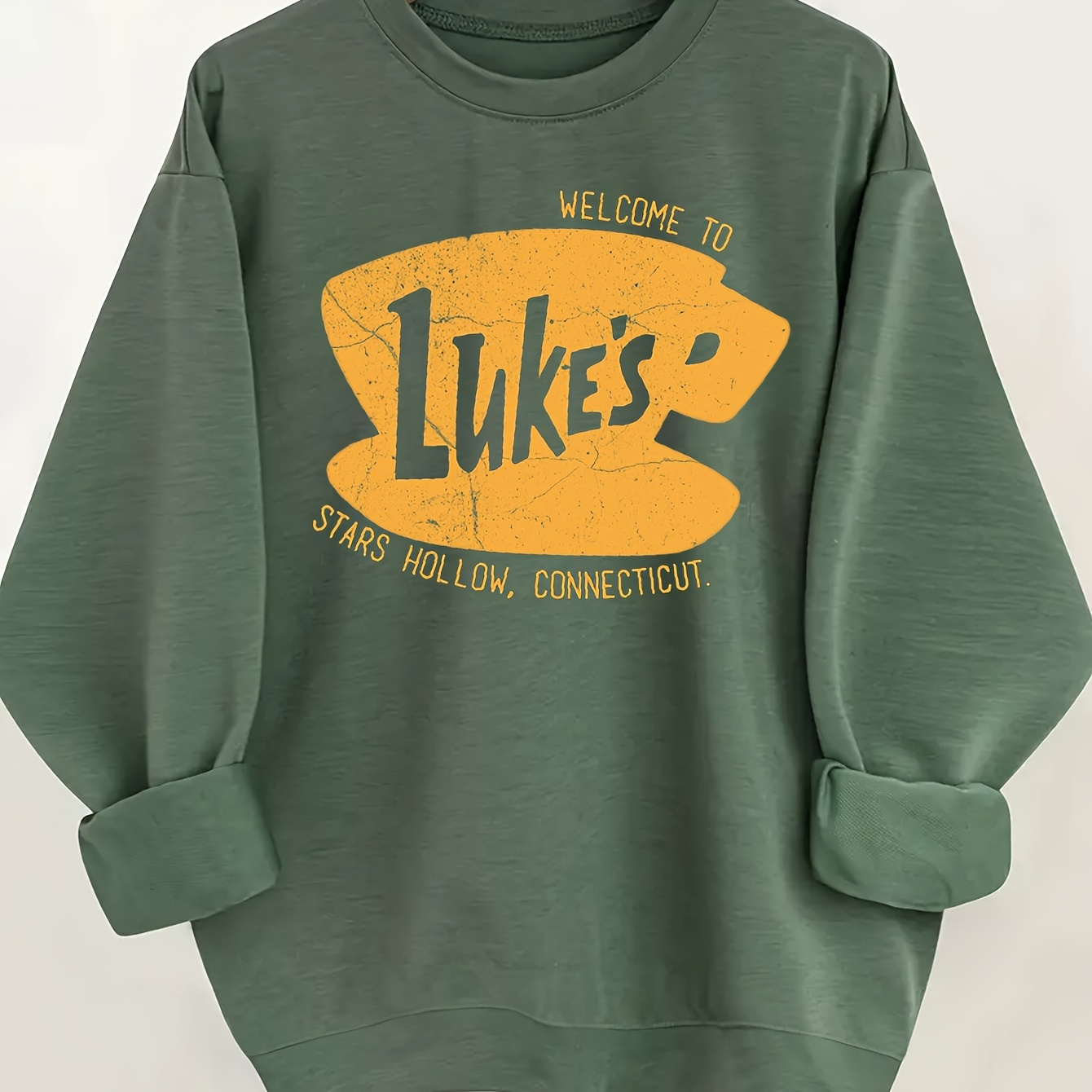 

Women's Casual Crew Neck Sweatshirt With "luke's" Graphic Print - Polyester Blend (polyester 60%, Rayon 35%, Spandex 5%), Knit Fabric, All Seasons Wearing, Alphabet Pattern - Stars Hollow, Motif