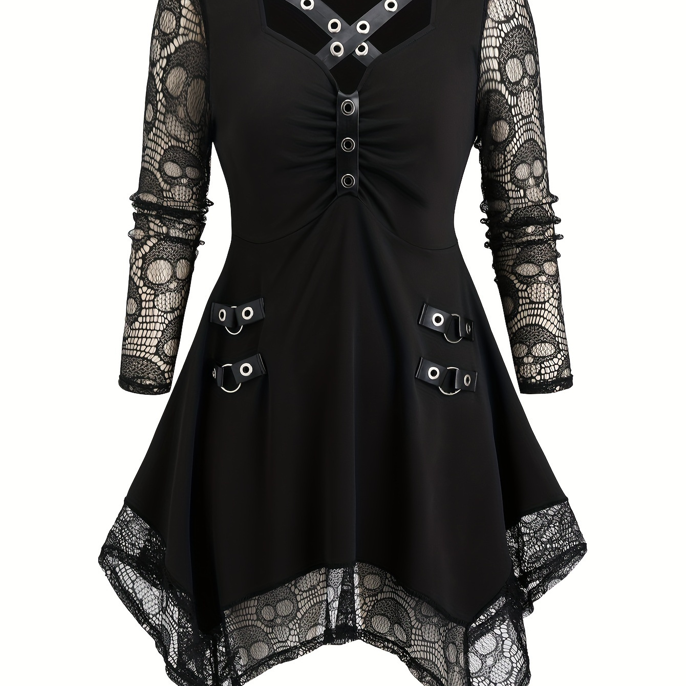gothic skull lace belted decor dress, y2k ruched sweetheart neck long  sleeve asymmetrical hem dress, women's clothing - women's clothing - Temu  Ireland