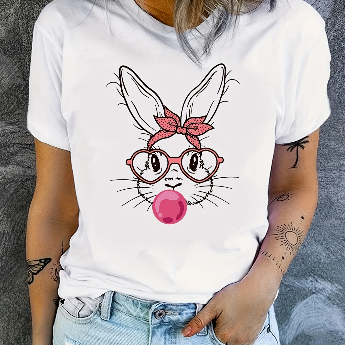 

Rabbit Print Crew Neck T-shirt, Casual Short Sleeve Top For Spring & Summer, Women's Clothing