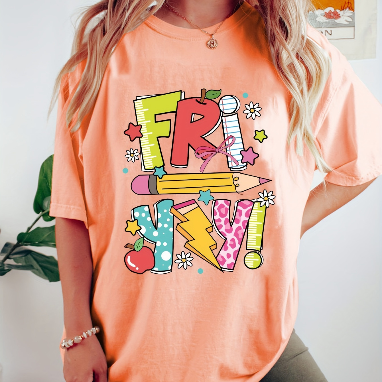 

Friday Neck T-shirt, Casual Short Sleeve Drop Shoulder Loose T-shirt, Women's Clothing