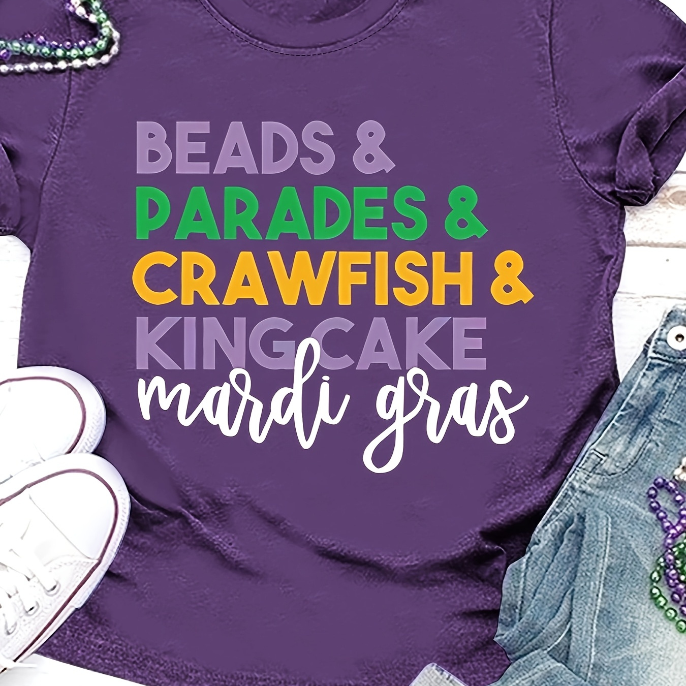 

Beads Cake Mardi Gras Print T-shirt, Short Sleeve Crew Neck Casual Top For Summer & Spring, Women's Clothing