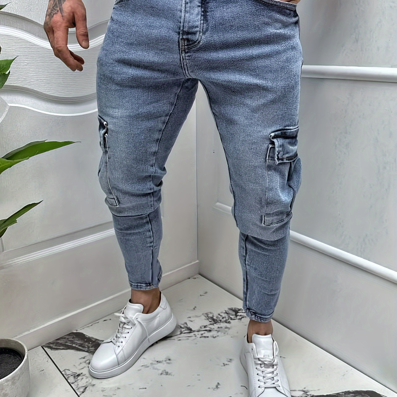 

Men's High-end Streetwear Biker Jeans, Slim Fit Stretch Skinny Denim Jeans, Solid Color, Regular Length, , Adult Casual Wear, Denim Fabric,