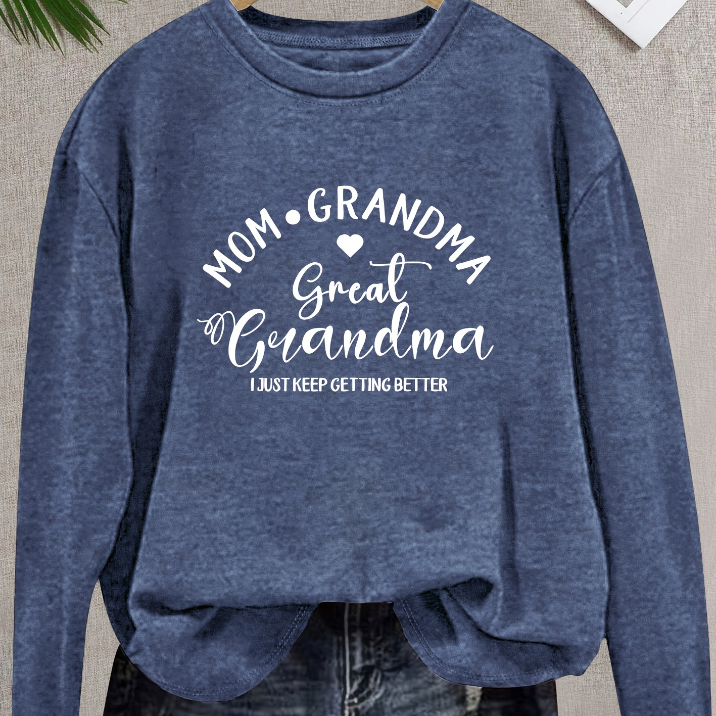 

Vintage Crew Neck Long Sleeve T-shirt, Polyester Knit Fabric With Medium Stretch, Casual Top For Women With "mom & Grandma" For Spring/summer/fall