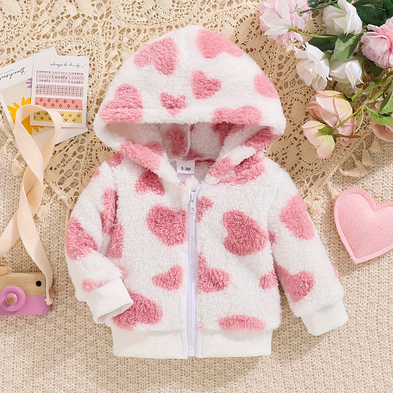 

Baby's Heart Pattern Fuzzy Fleece Jacket, Warm Zip Up Hooded Coat, Baby Girl's Clothing For Fall Winter Outdoor